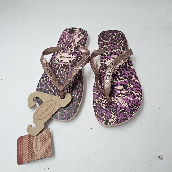 Havaianas Slim Animals Flip Flops Pink Purple Leopard Rose Gold Size 41/42 - Picture 2 of 7